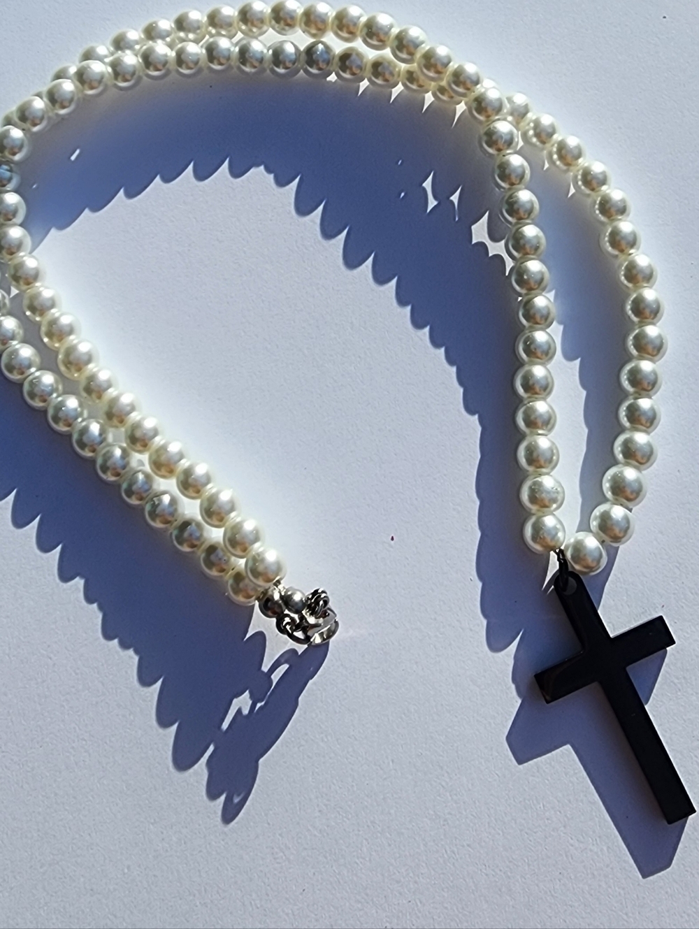 Pearl Necklace Black Cross Pendant